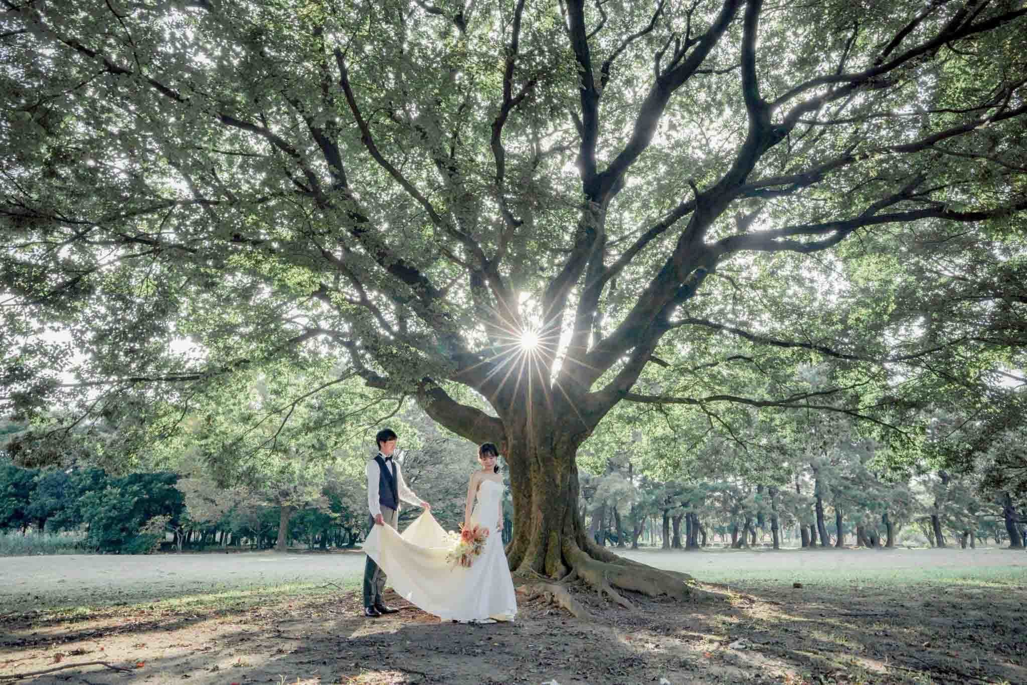 名古屋庄内緑地公園でドレス前撮りを楽しむ新郎新婦